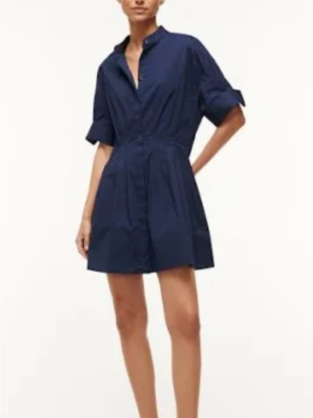 STAUD Navy Short-Sleeve Shirt Mini Dress with Flare Skirt